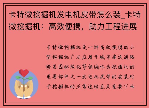 卡特微挖掘机发电机皮带怎么装_卡特微挖掘机：高效便携，助力工程进展